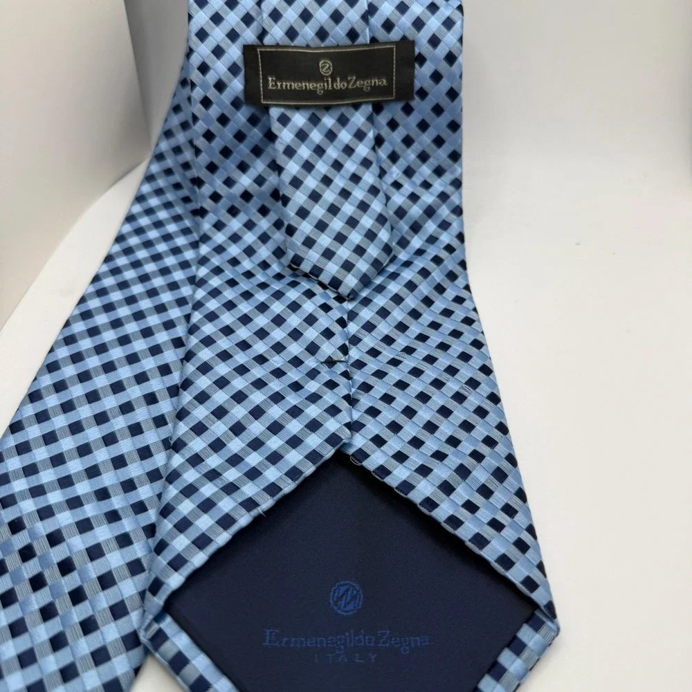 Ermenegildo Zegna Necktie Mens‎ Blue Navy Silk Woven Micro Check Italy 59